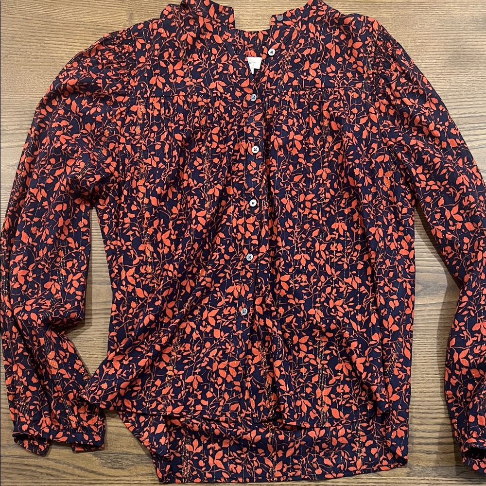 LOFT Navy and Orange Leaf Print Blouse